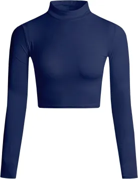 LONGBIDA Women's Long Sleeve Mock Neck Pure Soft Thin Sexy Stretch Crop TOP T Shirt