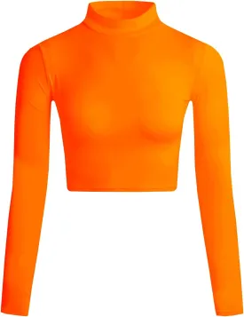 LONGBIDA Women's Long Sleeve Mock Neck Pure Soft Thin Sexy Stretch Crop TOP T Shirt