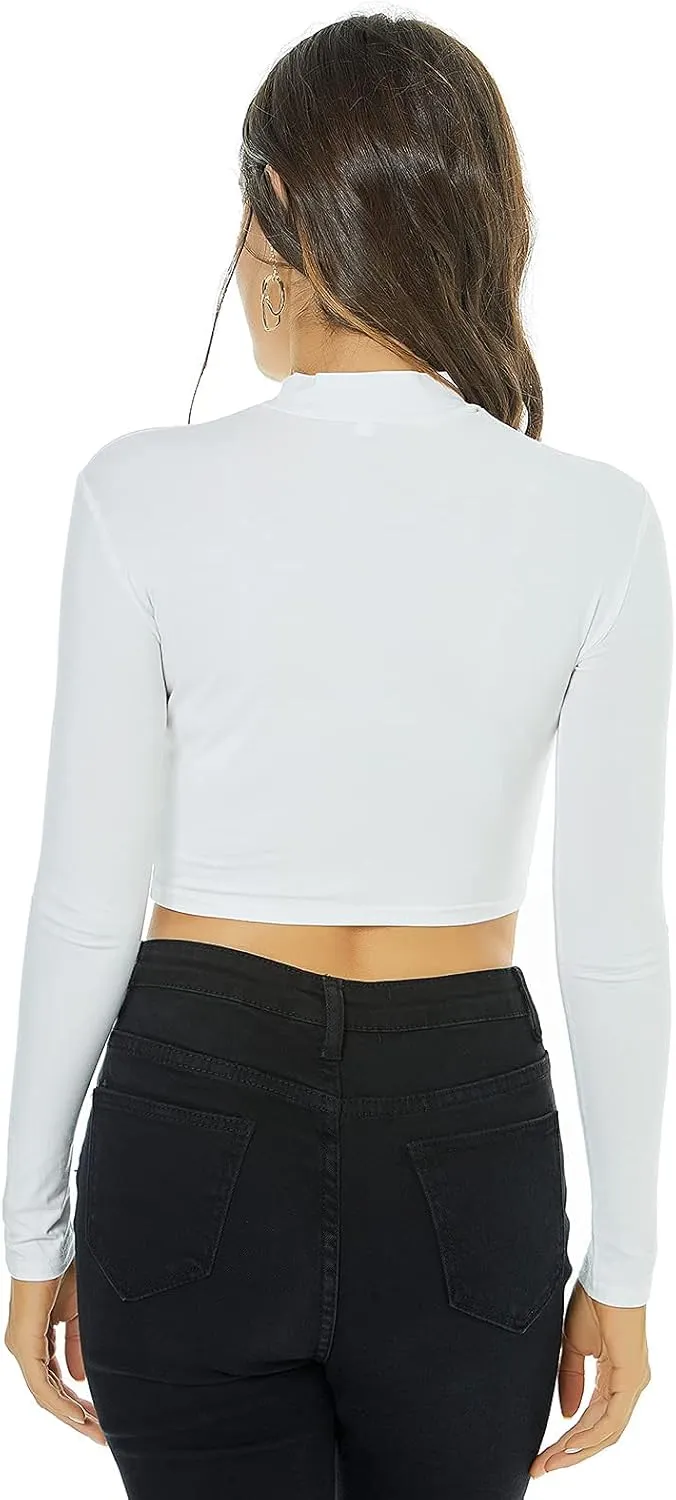 LONGBIDA Women's Long Sleeve Mock Neck Pure Soft Thin Sexy Stretch Crop TOP T Shirt