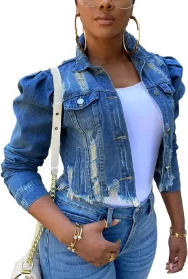 Omoone Women's Ripped Puff Sleeve Denim Crop Top Long-Sleeve Cropped Jean Jacket