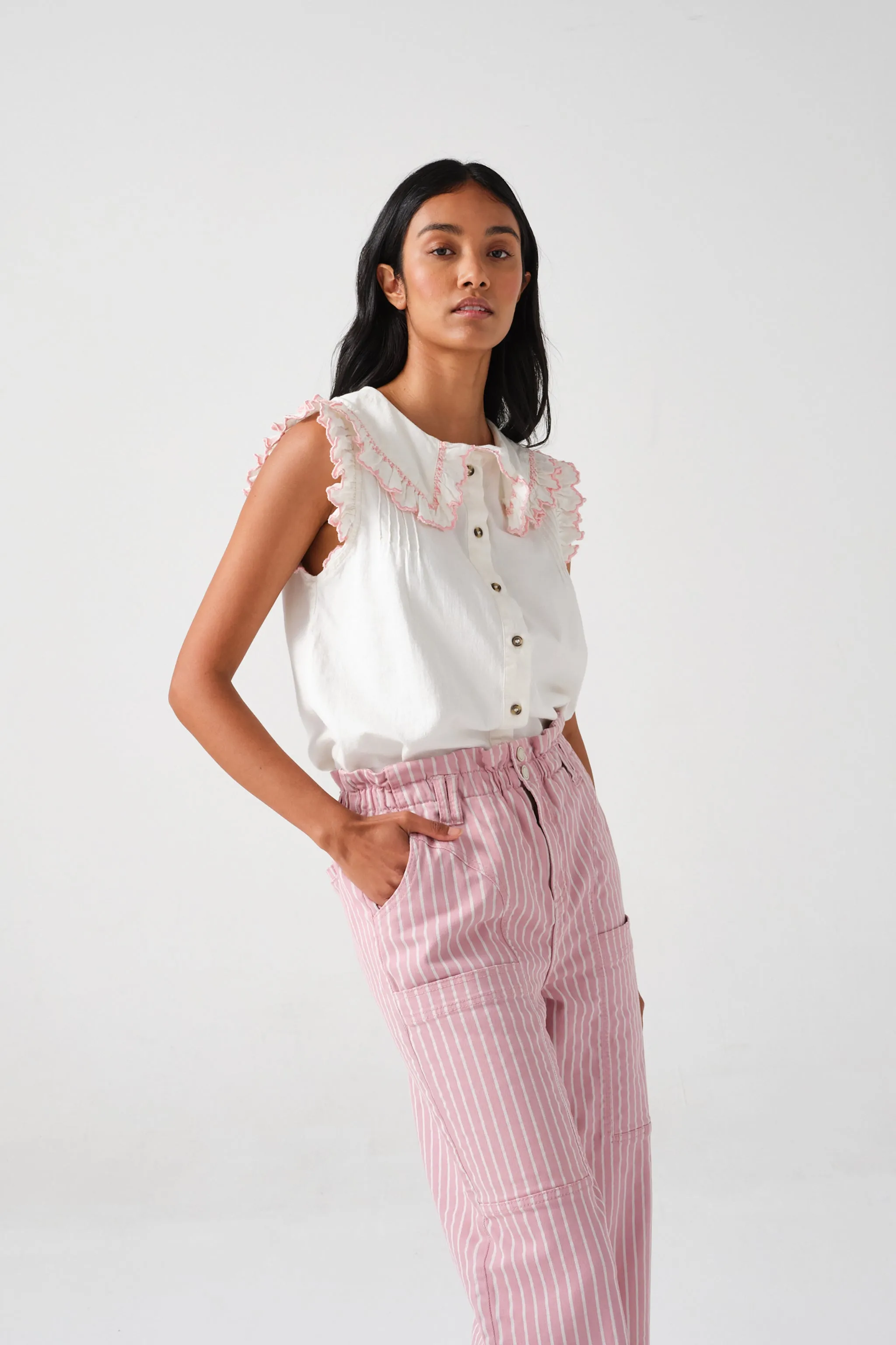 Phoebe Blouse Short Sleeve in Ecru & Dusty Rose Embroidered Denim
