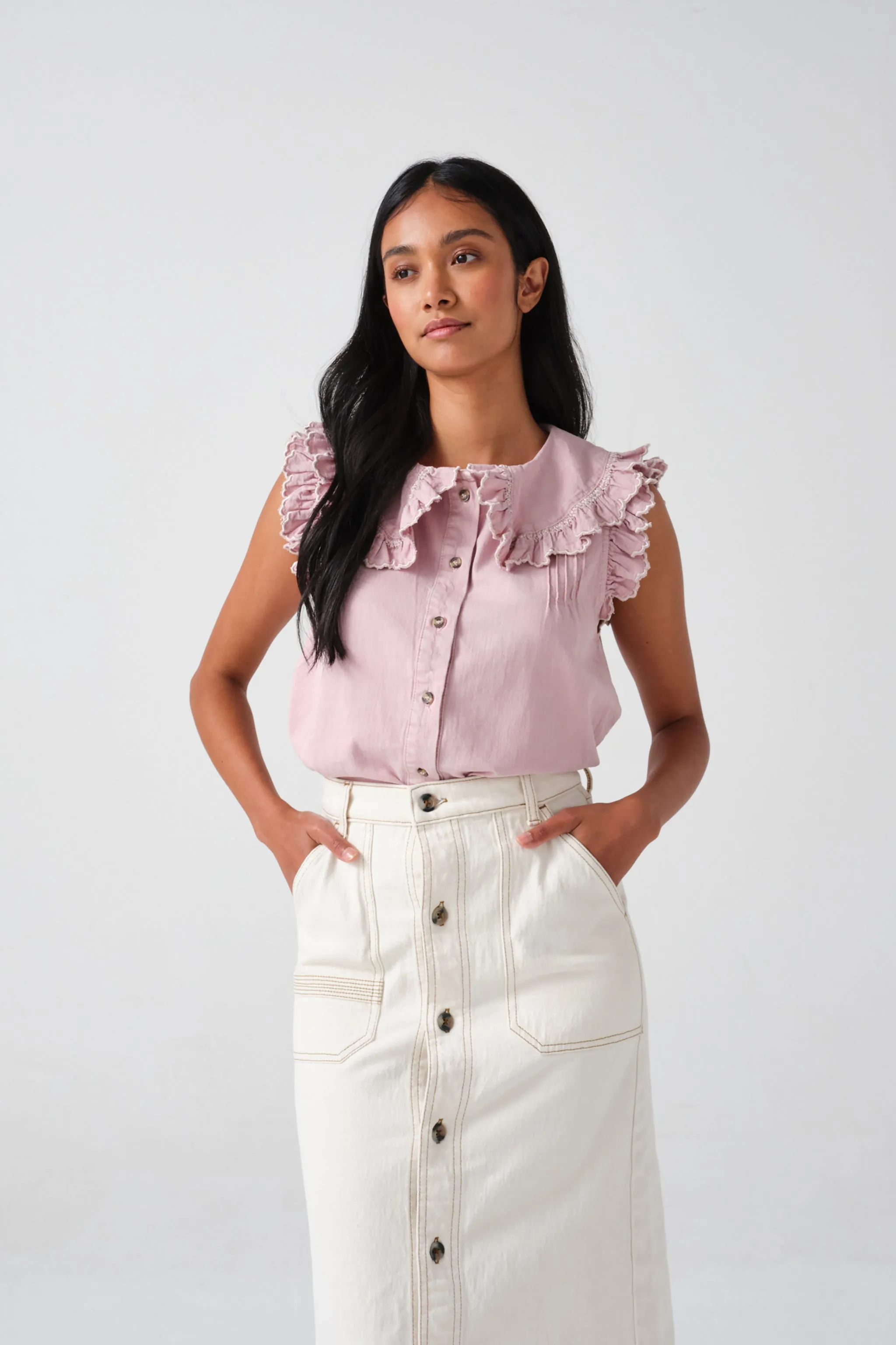 Phoebe Blouse Short Sleeve in Washed Dusty Rose Denim