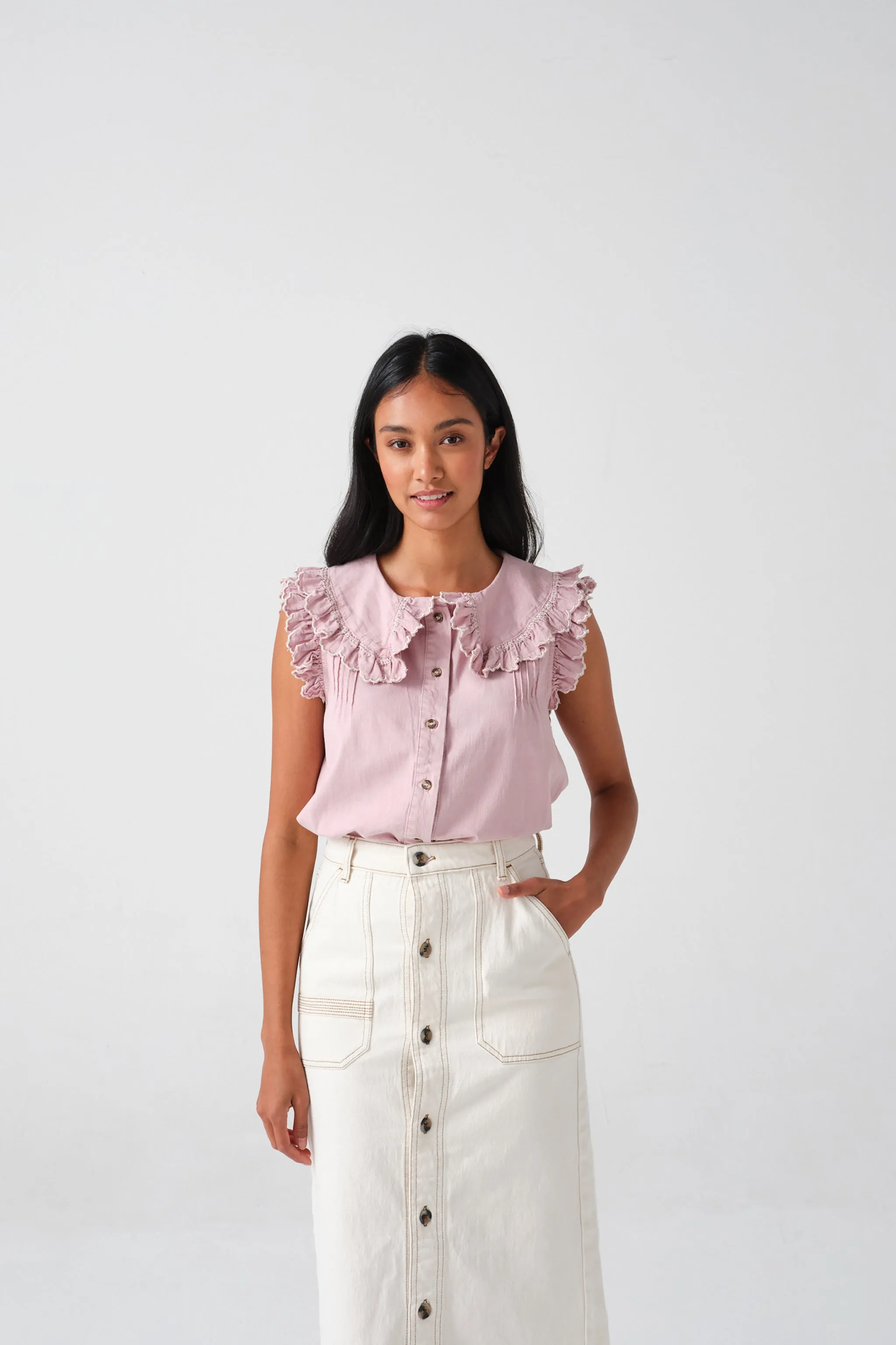 Phoebe Blouse Short Sleeve in Washed Dusty Rose Denim