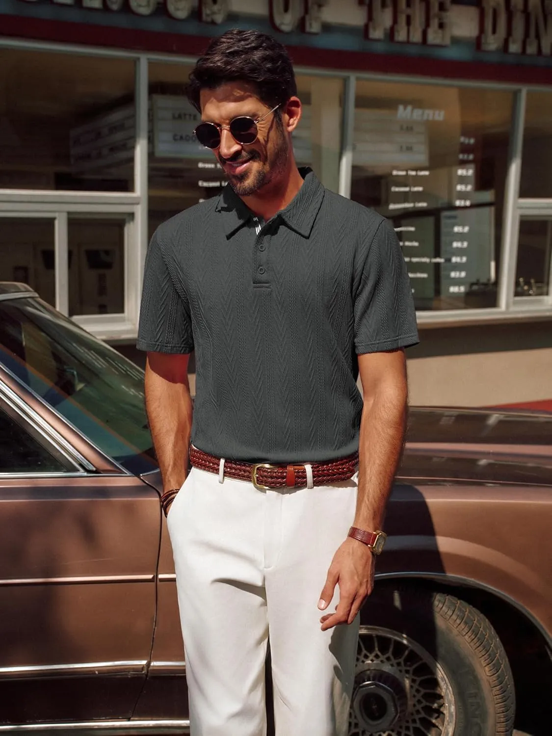 PJ PAUL JONES Men's Textured Knit Polo Shirt Short Sleeve Regular Fit Stretch Collared Summer Shirts