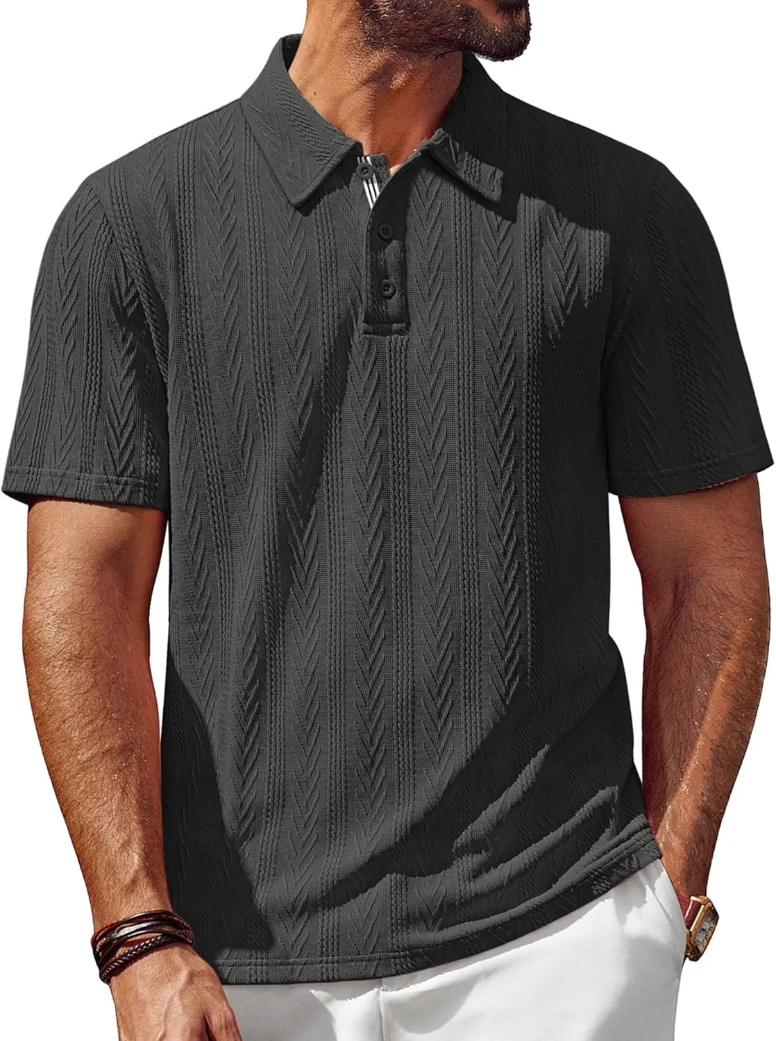 PJ PAUL JONES Men's Textured Knit Polo Shirt Short Sleeve Regular Fit Stretch Collared Summer Shirts