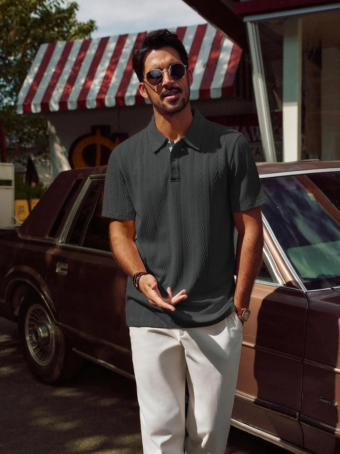 PJ PAUL JONES Men's Textured Knit Polo Shirt Short Sleeve Regular Fit Stretch Collared Summer Shirts