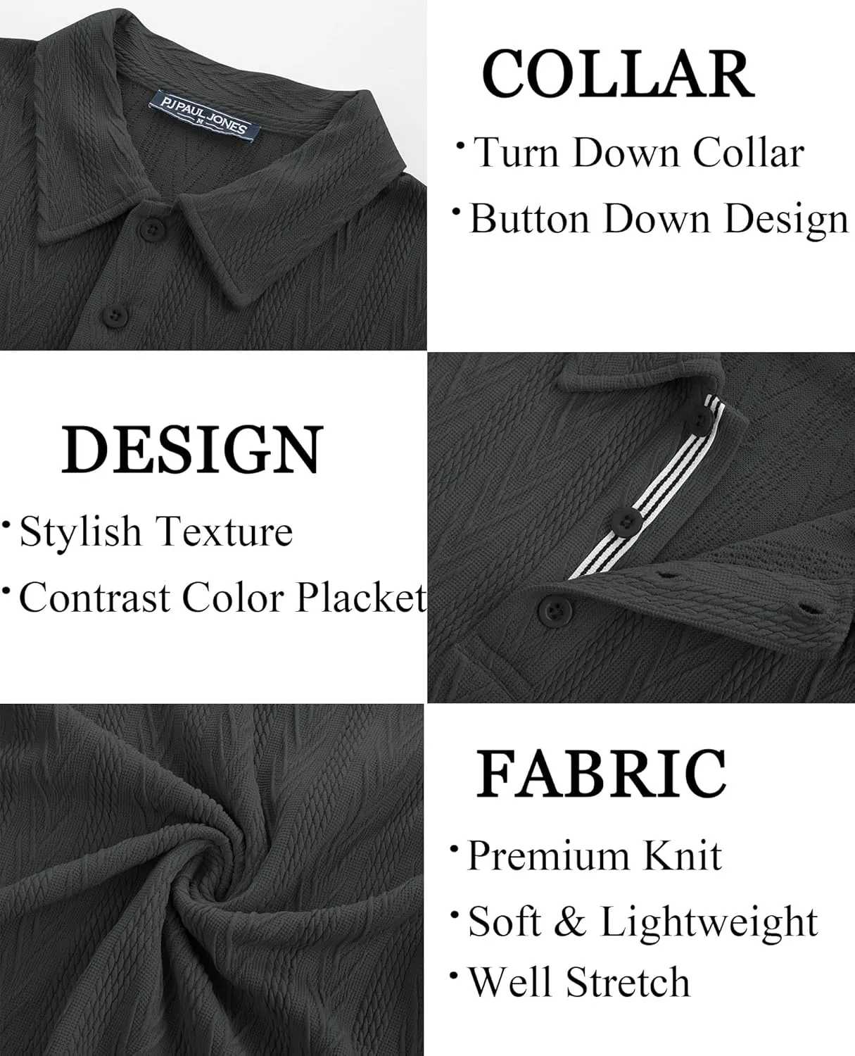 PJ PAUL JONES Men's Textured Knit Polo Shirt Short Sleeve Regular Fit Stretch Collared Summer Shirts