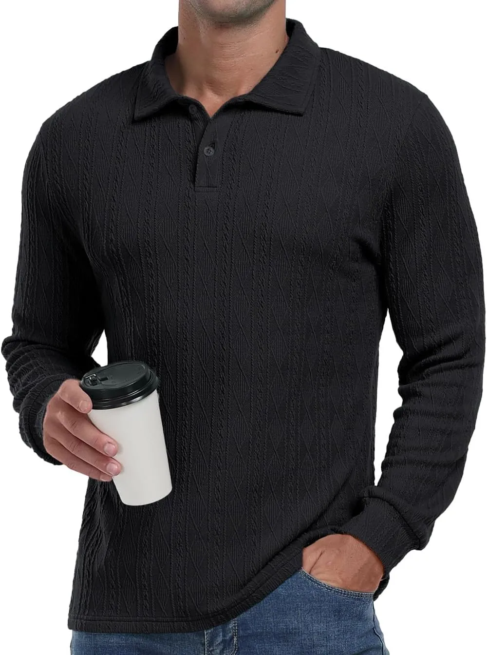 Sailwind Men's Casual Polo Shirts Twisted Button Long Sleeve Tees Collared Golf Shirt