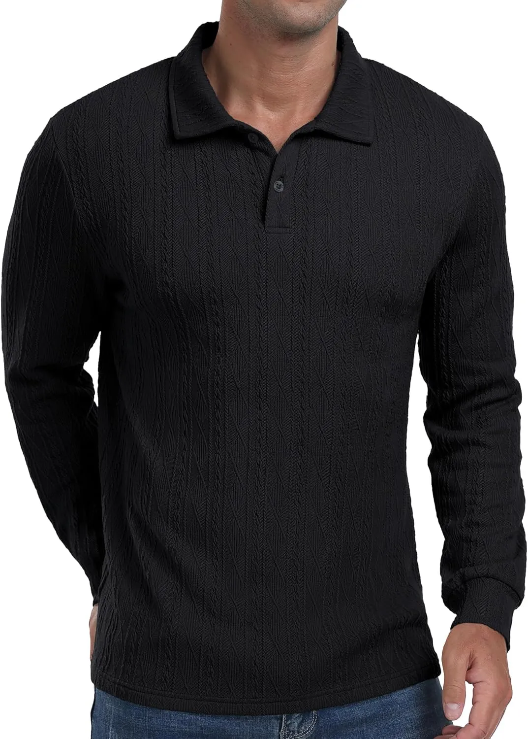 Sailwind Men's Casual Polo Shirts Twisted Button Long Sleeve Tees Collared Golf Shirt