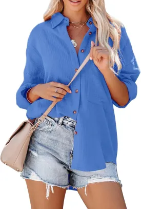siliteelon Womens Button Down Shirts Cotton Long Sleeve Oversized Boyfriend Blouses Collared Dress Tops with Pockets
