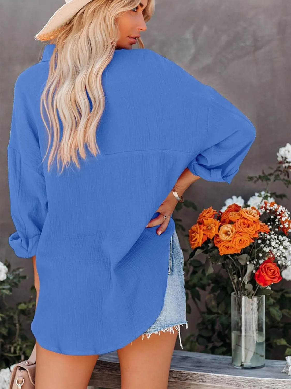 siliteelon Womens Button Down Shirts Cotton Long Sleeve Oversized Boyfriend Blouses Collared Dress Tops with Pockets