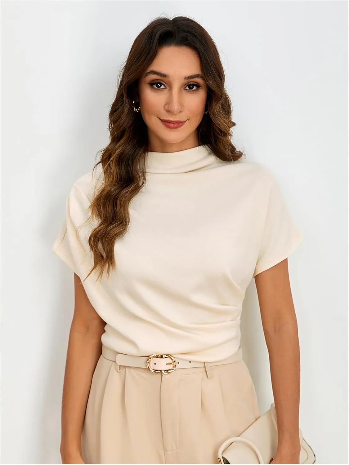 SweatyRocks Women's Casual Short Sleeve Mock Neck Tee Top Asymmetric Ruched Plain T Shirt
