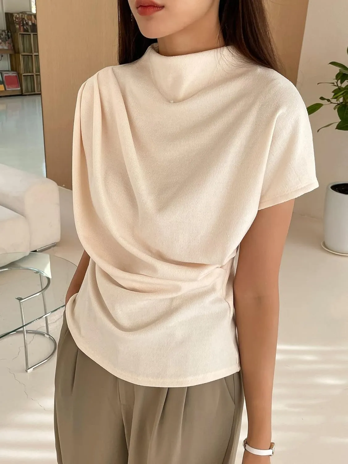 SweatyRocks Women's Casual Short Sleeve Mock Neck Tee Top Asymmetric Ruched Plain T Shirt