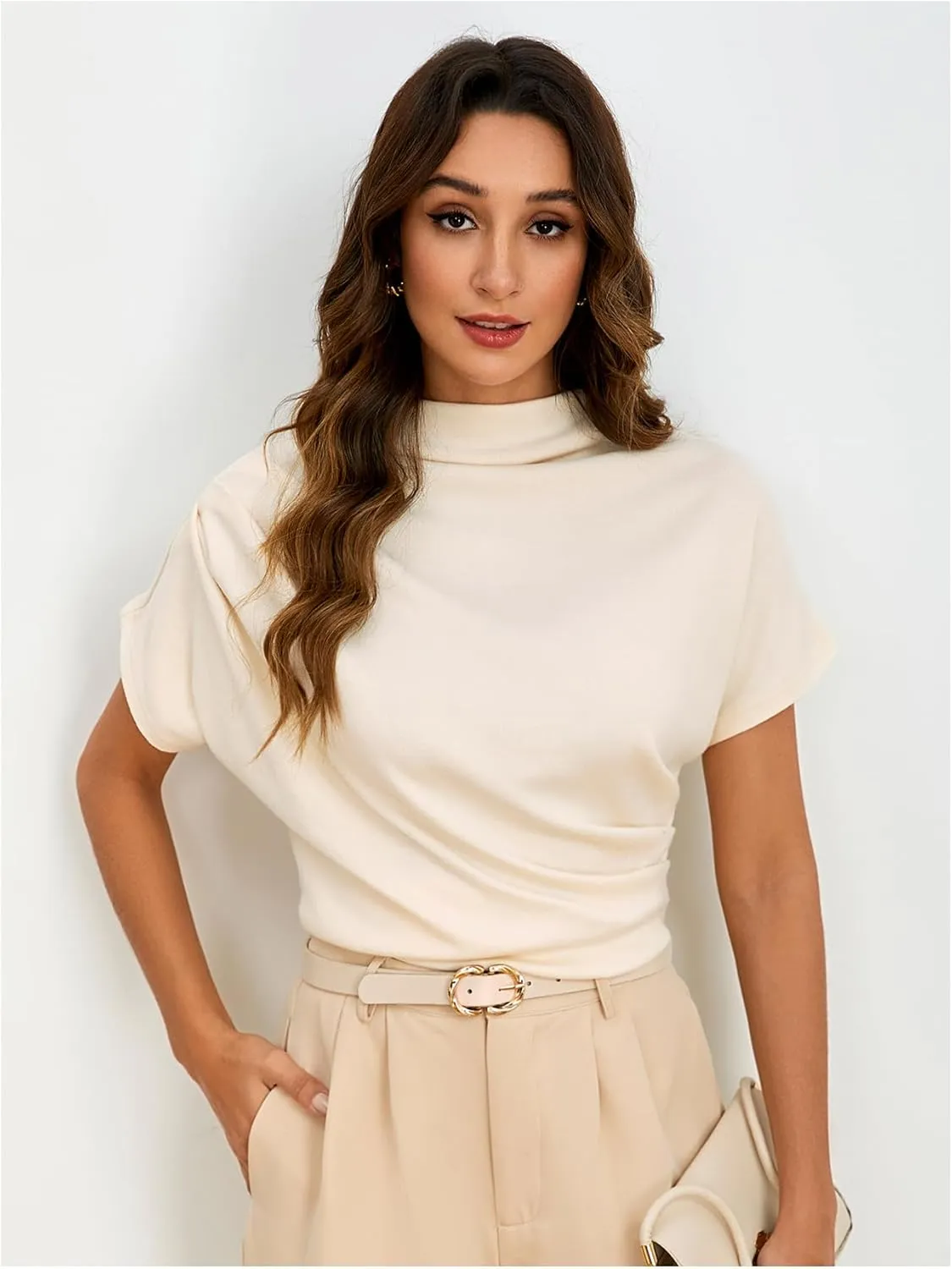 SweatyRocks Women's Casual Short Sleeve Mock Neck Tee Top Asymmetric Ruched Plain T Shirt