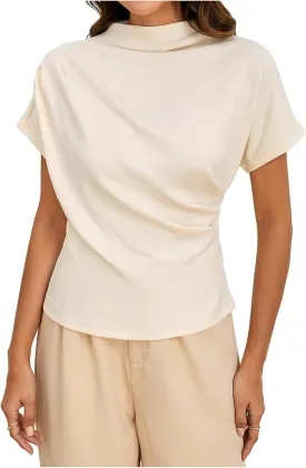SweatyRocks Women's Casual Short Sleeve Mock Neck Tee Top Asymmetric Ruched Plain T Shirt