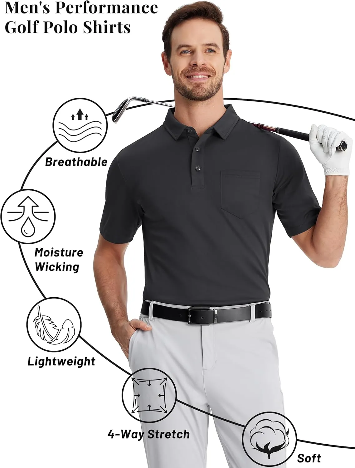TACVASEN Mens Polo Shirt Short Sleeve Golf Shirt with Pocket Quick Dry Collared Lightweight Polo for Men Casual Work