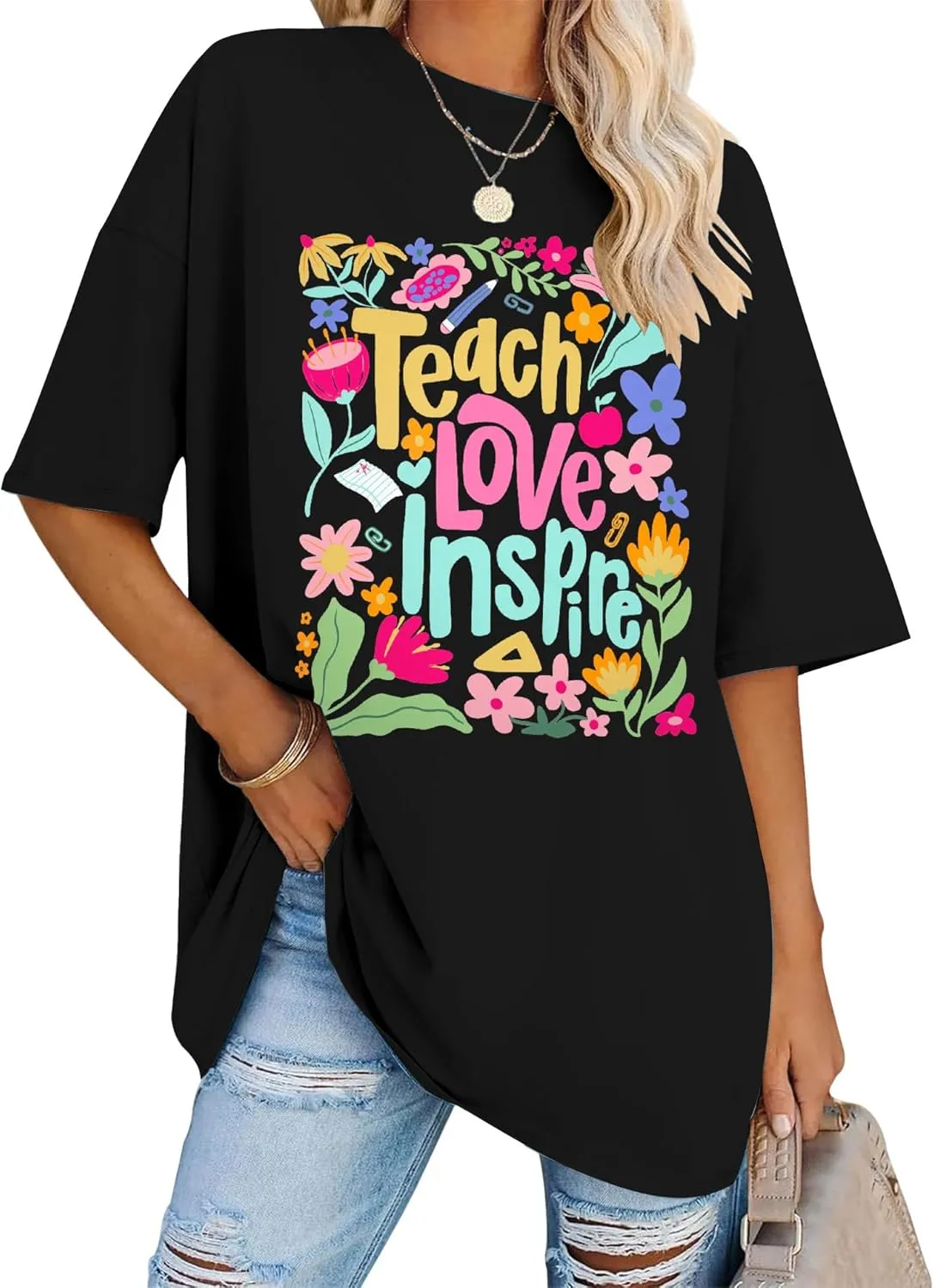 Teacher Shirt Women Teach Love Inspire Floral Graphic T-Shirt Teacher Life Shirts Last of School Tees Casual Short Sleeve Top
