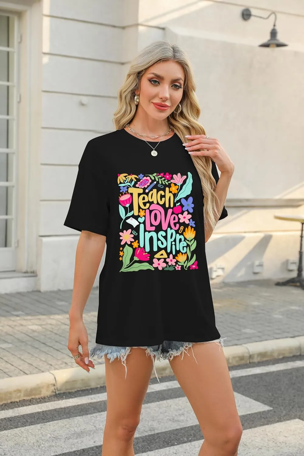 Teacher Shirt Women Teach Love Inspire Floral Graphic T-Shirt Teacher Life Shirts Last of School Tees Casual Short Sleeve Top