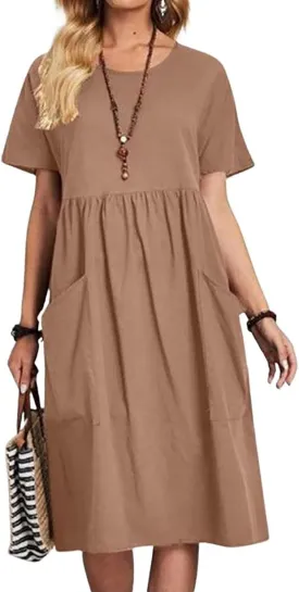 utcoco Womens Summer Cotton Linen T Shirt Dress Casual Loose Fit Crewneck Short Sleeve Midi Dresses with Pockets