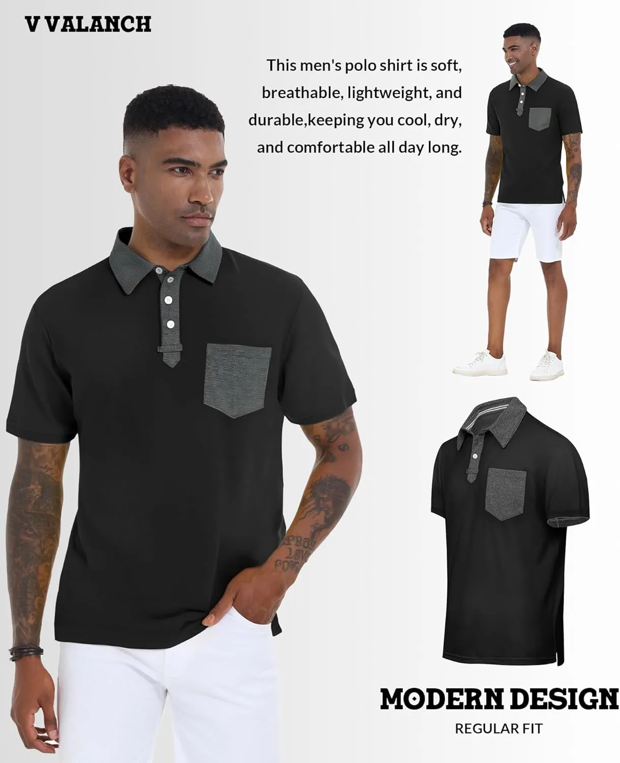 V VALANCH Polo Shirt for Men Short Sleeve Golf Polo Moisture Wicking Collared Tennis T Shirt