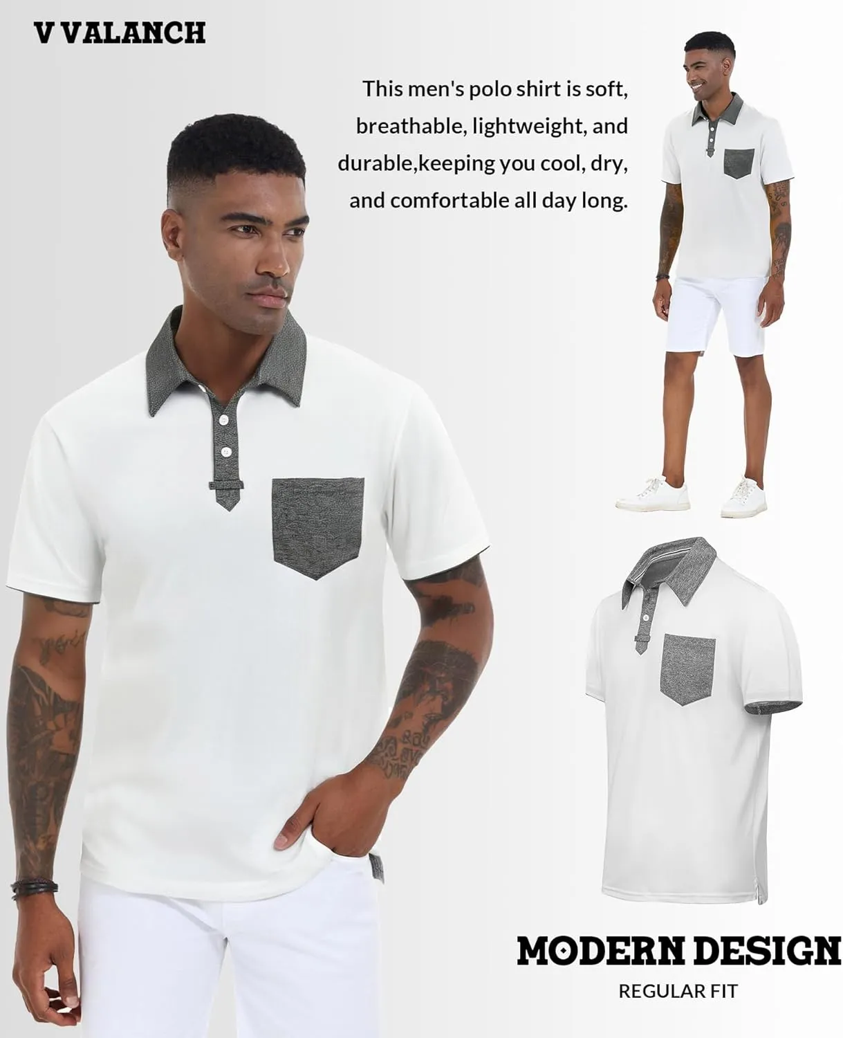 V VALANCH Polo Shirt for Men Short Sleeve Golf Polo Moisture Wicking Collared Tennis T Shirt