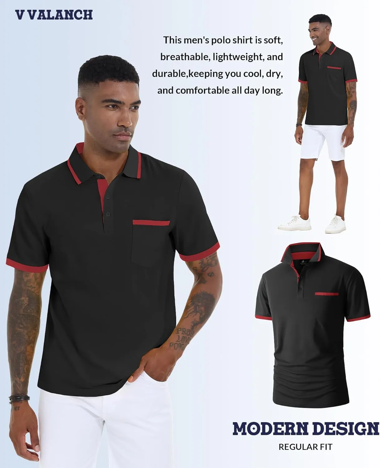 V VALANCH Polo Shirt for Men Short Sleeve Golf Polo Moisture Wicking Collared Tennis T Shirt