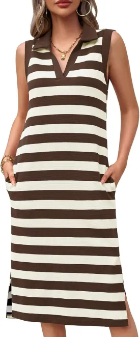 Wenrine Women's Striped Summer Dress Casual Polo V Neck Sleeveless Slit Loose Fit T Shirt Midi Dresses