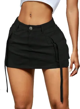 Women Cargo Skirt Denim Mini Low Waist Y2K Jean Skirts with Pockets