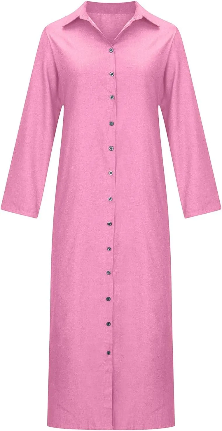 Women Casual Button Shirt Dress Long Sleeve Maxi Blouse Dresses Lapel Flowy Summer Beach Long Dress with Pockets