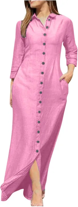 Women Casual Button Shirt Dress Long Sleeve Maxi Blouse Dresses Lapel Flowy Summer Beach Long Dress with Pockets