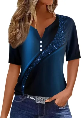 Women Short Sleeve Tops 2024 Summer Casual V Neck Pullover Fashion Plus Size Blouse Tees Printed Button T Shirt