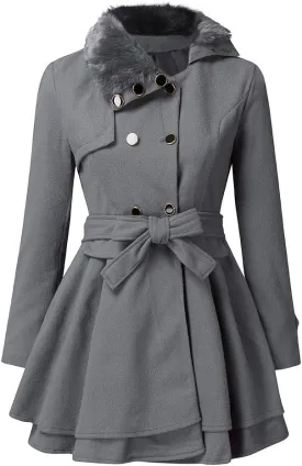 Women Winter Warm Coat Double Breasted Trench Long Sleeve Peacoat Faux Fur Collar Lapel Flared Hem Belted Jacket