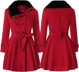 Women Winter Warm Coat Double Breasted Trench Long Sleeve Peacoat Faux Fur Collar Lapel Flared Hem Belted Jacket