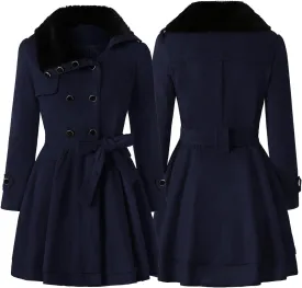 Women Winter Warm Coat Double Breasted Trench Long Sleeve Peacoat Faux Fur Collar Lapel Flared Hem Belted Jacket