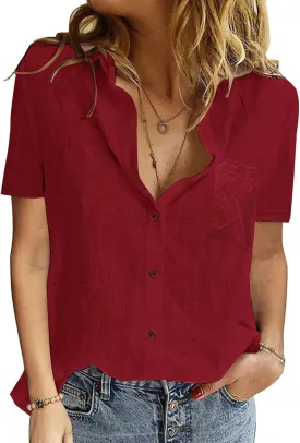 Womens Button Down Shirts Cotton Summer Tops V Neck Short Sleeve Shirt Collar Blouse Casual Plain Tshirt Work Tops