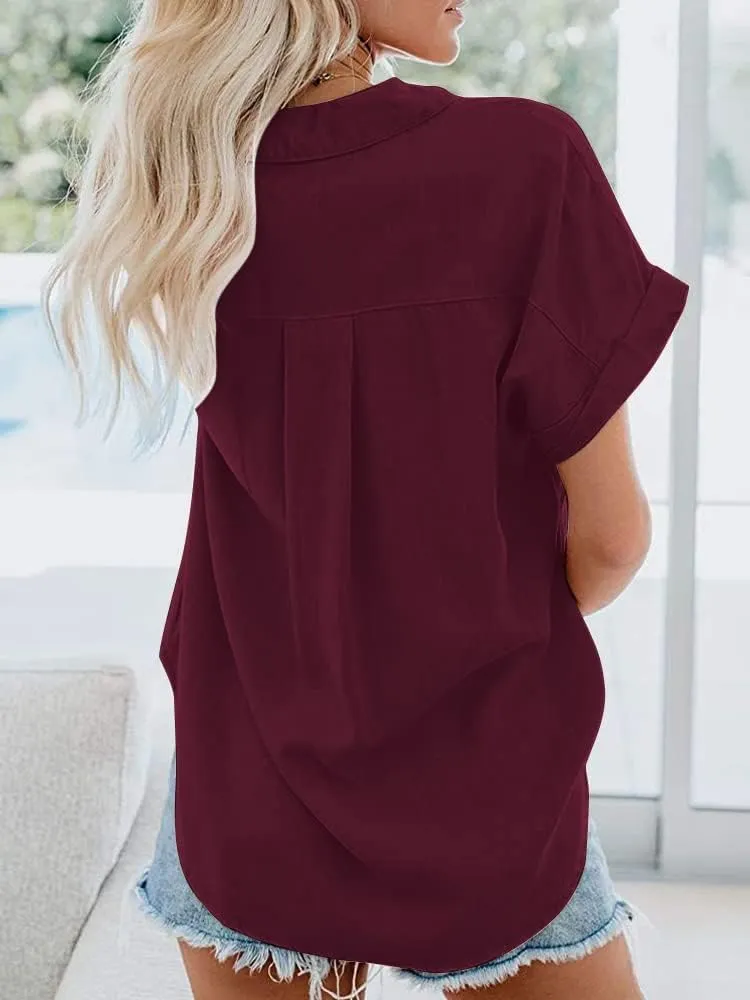 Womens Button Down Shirts Short Sleeve Linen Cotton Collared Button Up Casual Blouses Oversized Tops with Pocket