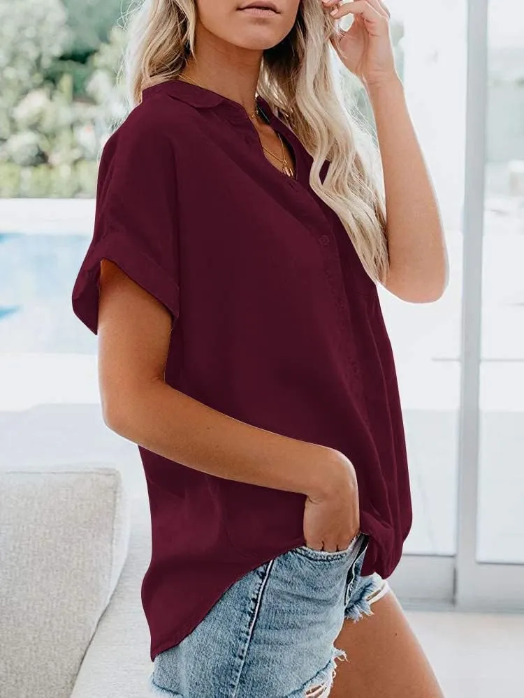 Womens Button Down Shirts Short Sleeve Linen Cotton Collared Button Up Casual Blouses Oversized Tops with Pocket