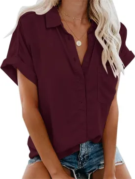 Womens Button Down Shirts Short Sleeve Linen Cotton Collared Button Up Casual Blouses Oversized Tops with Pocket