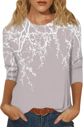 Womens Fall Tops 3/4 Sleeve Crewneck Cute Shirts Casual Trendy Print Blouses Length T Shirt 2024