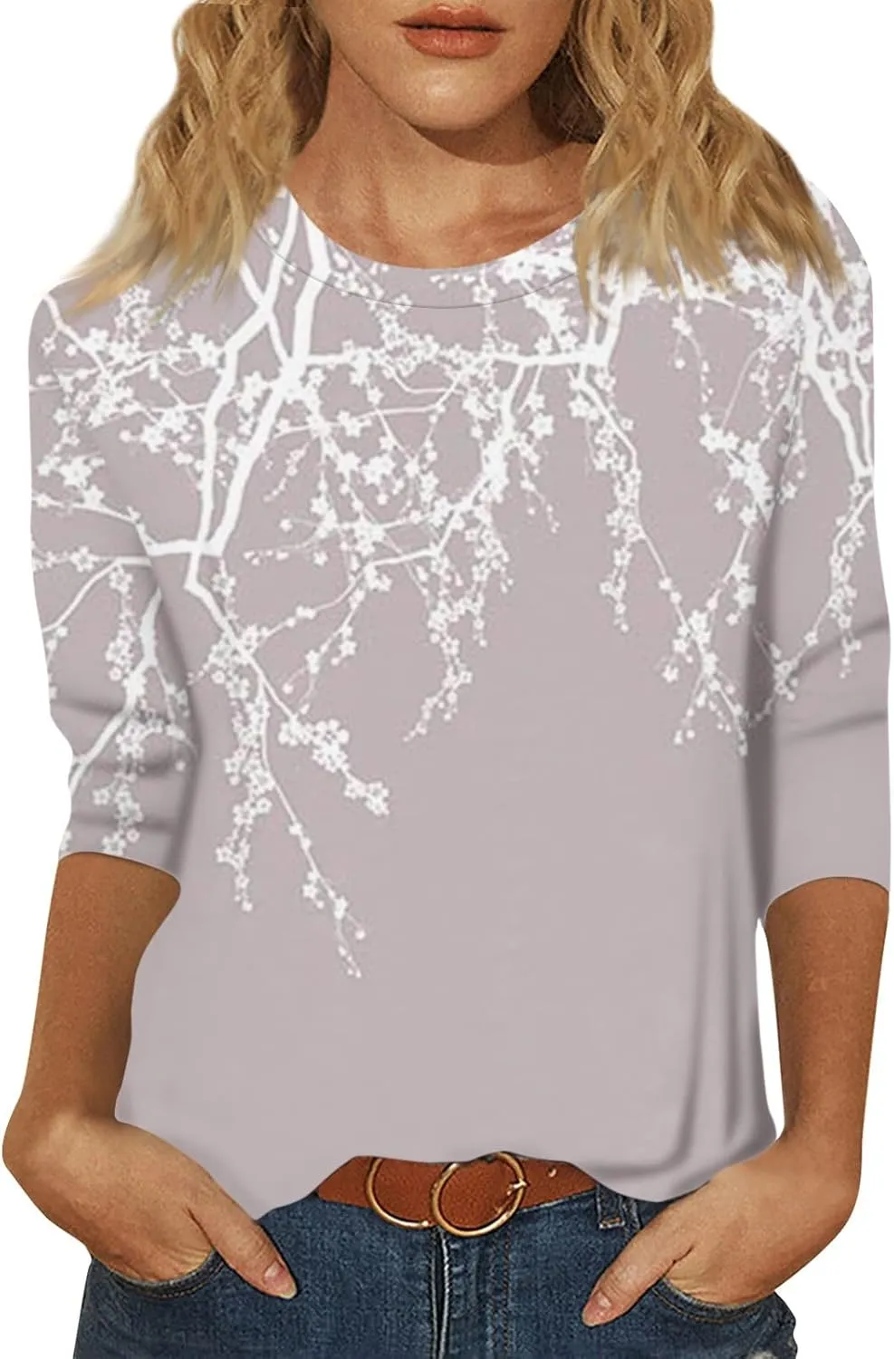 Womens Fall Tops 3/4 Sleeve Crewneck Cute Shirts Casual Trendy Print Blouses Length T Shirt 2024