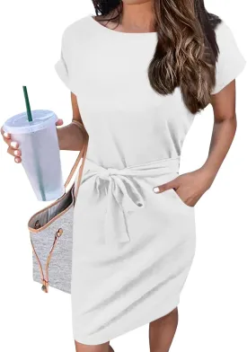 Work Striped Tshirt Dress Women Casual Tie Waist Crew Neck Short Sleeve Midi Office Dress Comfy Wrap T Shirt Dress
