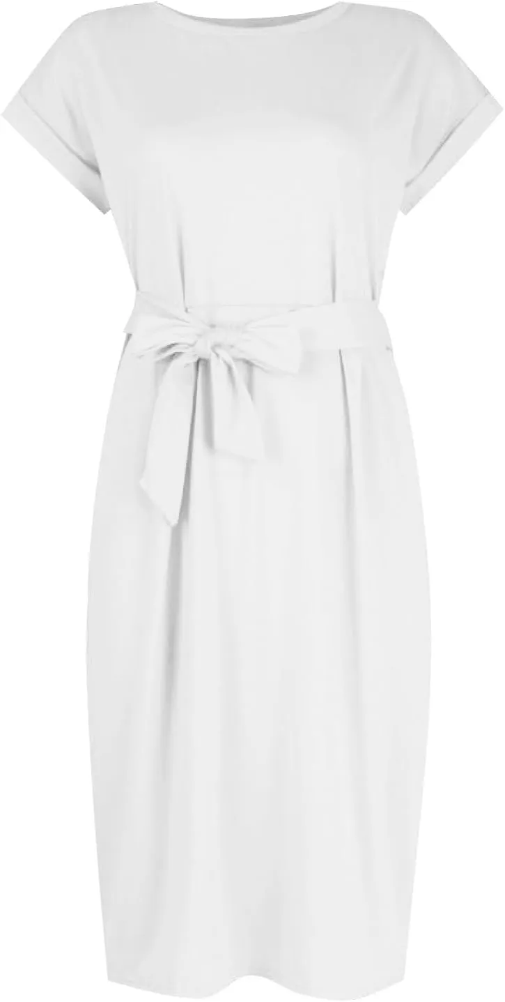 Work Striped Tshirt Dress Women Casual Tie Waist Crew Neck Short Sleeve Midi Office Dress Comfy Wrap T Shirt Dress
