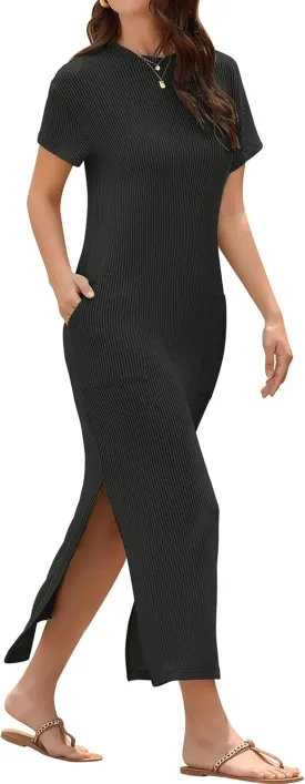 ZAFUL Women's 2025 Summer Casual Split Maxi Dress Pockets Crewneck Short Sleeves Double Slit Cotton Long T Shirt Dresses