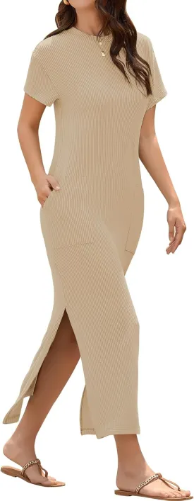 ZAFUL Women's 2025 Summer Casual Split Maxi Dress Pockets Crewneck Short Sleeves Double Slit Cotton Long T Shirt Dresses