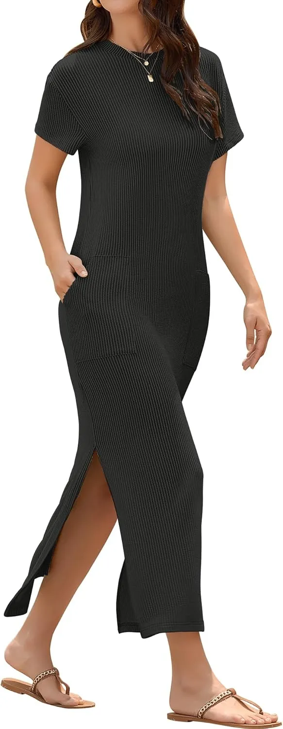 ZAFUL Women's 2025 Summer Casual Split Maxi Dress Pockets Crewneck Short Sleeves Double Slit Cotton Long T Shirt Dresses